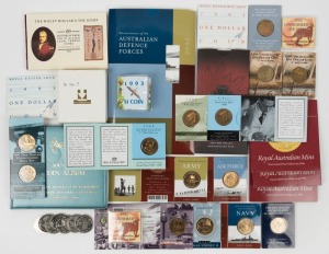 An accumulation including a 1963 Last Issue/ 1966 First Issue souvenir album by Hendo, 1984 - 2001 $1 coin issues including the 2000 First Victoria Cross RAM folder and the 2001 Australian Defence Forces folder & slip case set of 3, the 1988 Holey Dollar & Dump issue, etc.