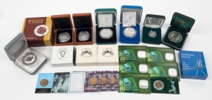 A range comprising RAM silver proofs in cases (1997 Parliament House, 1997 Kingsford Smith, 1998 Parliament House (x2), 2004 "1964 Penny"; a Perth Mint 1995 2oz Kookaburra; 1997 1oz "Thomas Edison", 1997 Perth Mint 1oz "Oldsmobile" (x2); 1998 2oz Perth Mint "St. George"; 1996 $5 Bradman Unc; Perth Mint 2002 ½oz square Kookaburra (5 Proofs, in cards); and 1920 & 1921 Square 5/- KGV Retrospective Pattern Prooflike coins in cases. (Total: 22 items).