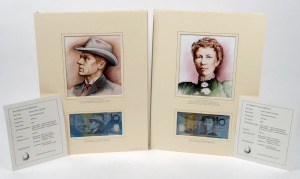 TEN DOLLAR NOTE PORTRAITS, 1998, set of two banknotes, with red serial numbers, Paterson AA 98 011016, and Gilmore AB 98 011016; both with Note Printing Australia documentation in original mounted displays. (2).