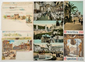 Postcards: EXHIBITIONS - 1897 & 1910 BRUSSELS: Beautiful postcards featuring interior and exteriors views of the German and Italian pavilions, water fountains and manicured gardens, and a series of undivided-back cards with detailed illustrations of visit