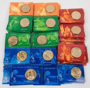 2000 Sydney Olympics $5 bronze coins, two complete sets of 28, issued in 1997 and all in original credit-card style packs. Unc. (56).