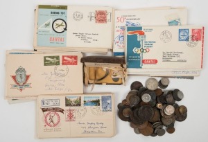 An untidy accumulation including FDCs (noted 1956 Olympics set of MAIN STADIUM (Press) Reg'd cover); a few flight covers, various coins, badges, tokens, etc.