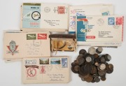 An untidy accumulation including FDCs (noted 1956 Olympics set of MAIN STADIUM (Press) Reg'd cover); a few flight covers, various coins, badges, tokens, etc.&nbsp;