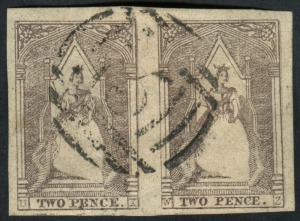 VICTORIA: 1855-56 (SG.38b) Queen-on-Throne 2d dull lilac-mauve, lovely horizontal pair with large margins, neat BN "5" cancel of Ballarat, FU. (2).