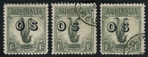 1932 1/- Large Lyrebird, overprinted OS; one MUH single and two examples CTO. (3).