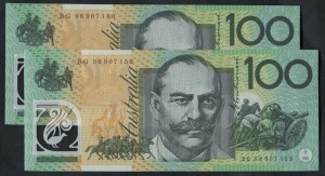 ONE HUNDRED DOLLARS, Fraser/Evans (1996) (R.616) First Polymer  BG 96907159/160, consecutive pair of banknotes, (2) Uncirculated.