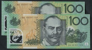 ONE HUNDRED DOLLARS, Fraser/Evans (1996) (R.616) First Polymer BG 96907159/160, consecutive pair of banknotes, (2) Uncirculated.