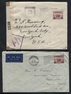 The 5½d on 5d Merino Ram (SG.202) used on commercial mails: May 1942 usage on cover from Adelaide, the adhesive paying the correct rate for airmail delivery via Ceduna, to the remote Koonibba Mission; also, a January 1942 usage from Melbourne to New York,