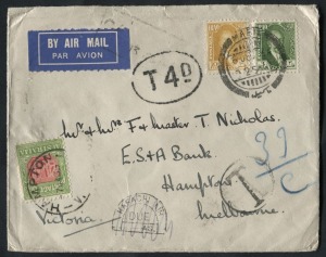 Postage Dues: Jan.1935 usage of 4d Due (SG.D109) on short-paid Dec.1934 airmail cover from IRAQ to Australia, via KARACHI; adhesive affixed and tied on delivery at HAMPTON.