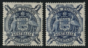 1949 (SG.224c) £1 Coat of Arms, on Thin Paper (0.08mm) together with a Normal Paper (0.09mm) example for comparison, (2). MVLH. BW:270 & 270a - $1285.