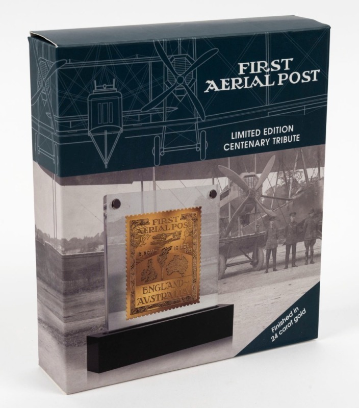 2019 First Aerial Post vignette, limited edition [#0392/1919] 24 carat gold coated Centenary Tribute in stunning display stand; with original paperwork and packaging.