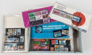 POST OFFICE PACKS: 1969 - 73 accumulation; noted 1970 Royal Visit (18, incl. one Japanese) 1970 Cook (2), National Development (3), RSPCA (14), 1971 Selected Issues (15), 1971 Christmas (6), 1972 Olympics (2), AAT Ist Definitives (5), etc. (125+). Full list available.