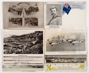 Postcards: AUSTRALIA - MILITARY: A range including Captain D.J.Ham of The Bushmen's Corps (Boer War), "Alf & Blueys Cinema", "Shrapnel Gully Gallipoli", Australian soldiers posing victoriously in front of the trenches at Pozières, the aftermath of German raids on French towns, war wounded on stretchers, Gallipoli beach landings, commemorative designs, flags, and others. (Total: 17; 11 unused; 6 used)