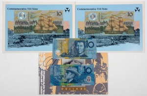1988 $10 Bicentennial (R.AO1) dated banknotes in two commemorative folders; also, 1993 (R.A04) $10 Last paper and first polymer with purple serial numbers in commemorative folder, plus an issued $10 Fraser/Evans (R.316a) Unc.