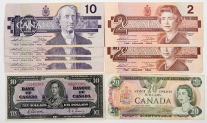 1937 Bank of Canada $10 (BC-24b), Gordon/Towers, Unc. Also, later circulated $2 (2), $10 (2) and $20 (1). (Total: 6).