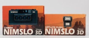 NIMSLO: Nimslo 3D 35mm film camera with 30mm quadra lenses, circa 1980s [#320570474], together with a Nimslo Opti-Lite shoe-mounted flash unit, both as new in box. Made in Japan.