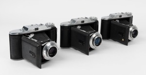 VOIGTLÄNDER: Three 1950 Bessa I vertical-folding cameras - one with Color-Skopar 105mm f3.5 lens [#3170060], one with Vaskar 105mm f4.5 lens [#3169348] and Prontor-S shutter, and one with Vaskar 105mm f4.5 lens [#3550672] and Prontor-SV shutter. (3 camera