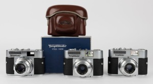 VOIGTLÄNDER: Three circa 1956 Vito BL SLR cameras - one with Color-Skopar 50mm f2.8 lens [#4390095], and two with bright-frame finders - one with Color-Skopar 50mm f2.8 lens [#4899352] in maker's box with leather case, the other with Color-Skopar 50mm f3.