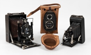 VOIGTLÄNDER: Three circa 1930s vertical-folding cameras - one Avus with Skopar 135mm f4.5 lens [#341164], one Brillant V6 with Voigtar 75mm f3.5 lens in original leather body casing with two detachable filters behind rotating accessory door, and one Jubil