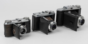 VOIGTLÄNDER: Three vertical-folding cameras - one 1948 Vito with Skopar 50mm f3.5 lens [#3012957], one 1950 Perkeo I with Vaskar 80mm f4.5 lens [#3476724], and one 1950 Bessa I with Vaskar 105mm f4.5 lens [#3169496]. (3 cameras)