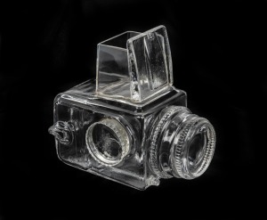 HASSELBLAD: Handmade crystal glass replica of the Hasselblad 500C/M, produced circa 1983 by Swedish glassmaker Lindshammar.