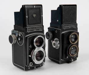 FRANKE & HEIDECKE: Two TLR cameras - one circa 1958 Rolleicord Va [#1916262] with Xenar 75mm f3.5 lens [#5531995], and one circa 1949 Rolleicord II [#984595] with Triotar 75mm f3.5 lens [#2721468] and metal lens cap. (2 cameras)