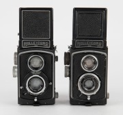 FRANKE & HEIDECKE: One circa 1938 Rolleicord Ia TLR camera [#644335] with Triotar 75mm f4.5 lens [#2257790], and one circa 1938 Rolleicord IIb [#737013] with Triotar 75mm f3.5 lens [#2409364] and metal lens cap, with directions in German on rear. (2 camer - 2