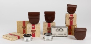 FRANKE & HEIDECKE: Various Rollei lenses and lens attachments in their original boxes and leather pouches, including two Proxar 2 [#554791 & #579523], Rolleinar 1 RIII, Rolleinar 2 RI and RII, Rolleinar 3 RIII, Rolleiparkeil 2, and two Rolleigrids. (8 ite