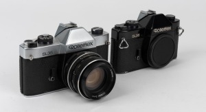 FRANKE & HEIDECKE: Two Rolleiflex SL35 SLR cameras, circa 1970, one [#4004994] made in Germany with chrome-body and Planar 50mm f1.8 lens [#5190066], and one [#4038628] with body only, in black, made in Singapore. (2 cameras)