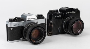 FRANKE & HEIDECKE: Two Rolleiflex SLR cameras - one 1978 SL35E [#6371856] with Planar 50mm f1.8 lens [#1204619] and front lens cap, and one black-body 1976 SL35M [#4796040] with Planar 50mm f1.8 lens [#1101627], front lens cap, and Hoya Skylight(1B) lens 