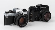 FRANKE & HEIDECKE: Two Rolleiflex&nbsp;SLR cameras - one 1978 SL35E [#6371856]&nbsp;with Planar 50mm f1.8 lens [#1204619] and front lens cap, and one black-body 1976 SL35M [#4796040] with Planar 50mm f1.8 lens [#1101627], front lens cap, and Hoya Skylight(1B) lens 