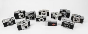 AGFA: Eleven fixed-lens cameras - one Iso-Rapid C, one Isomat-Rapid, one Iso-Rapid I, four Silette cameras, one Isola, one Optima, one Isoly-Mat, and one Agfamatic Tele Pocket 2008. (11 cameras)