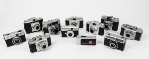 AGFA: Eleven fixed-lens cameras - one Iso-Rapid C, one Isomat-Rapid, one Iso-Rapid I, four Silette cameras, one Isola, one Optima, one Isoly-Mat, and one Agfamatic Tele Pocket 2008. (11 cameras)