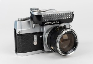 NIPPON KOGAKU: Nikkorex F SLR camera [#361752], circa 1962, with Sekor 35mm f2.8 lens [#842164] and Nikkorex F exposure meter.