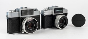 NIPPON KOGAKU: Two Nikkorex SLR cameras - one 1960 Nikkorex 35 [#75074] with Nikkor-Q 50mm f2.5 lens [#171161], and one 1962 Nikkorex 35-2 with Nikkor-Q 50mm f2.5 lens [#380731] and front lens cap. (2 cameras)
