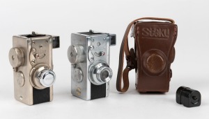 RIKEN OPTICAL: Two 1947 subminiature cameras - one polished-nickel Steky I with metal lens cap and original cassette, and one Steky I with original leather body casing. Both fitted with Stekinar 25mm f3.5 lenses. (2 cameras)