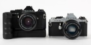 ASAHI KOGAKU: Two circa 1980 Pentax ME Super SLR cameras - one black-body with SMC Pentax-M 50mm f2 lens [#4792018] and Pentax Winder ME II attachment, the other in chrome [#2746139] with SMC Pentax-M 50mm f1.7 lens [#6560690]. (2 cameras) - 2