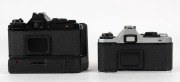 ASAHI KOGAKU: Two circa 1980 Pentax ME Super SLR cameras - one black-body with SMC Pentax-M 50mm f2 lens [#4792018] and Pentax Winder ME II attachment, the other in chrome [#2746139] with SMC Pentax-M 50mm f1.7 lens [#6560690]. (2 cameras) - 3