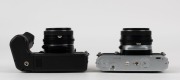 ASAHI KOGAKU: Two circa 1980 Pentax ME Super SLR cameras - one black-body with SMC Pentax-M 50mm f2 lens [#4792018] and Pentax Winder ME II attachment, the other in chrome [#2746139] with SMC Pentax-M 50mm f1.7 lens [#6560690]. (2 cameras) - 5