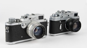 KRASNOGORSK: Two Leica-copy rangefinder cameras, one circa 1954 Zorki 3 and one circa 1972 Zorki-4K [#74118533], both with Jupiter-8 50mm f2 lenses. (2 cameras)