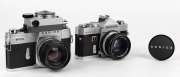 KONICA: Two SLR cameras - one 1968 Autoreflex T [#774793] with Hexanon 52mm f1.8 lens [#7451318], and one 1962 FP [#3744155] with Hexanon 52mm f1.4 lens [#4132705], front lens cap, and exposure meter attachment. (2 cameras)