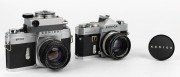 KONICA: Two SLR cameras - one 1968 Autoreflex T [#774793] with Hexanon&nbsp;52mm f1.8 lens [#7451318], and one 1962 FP [#3744155] with Hexanon&nbsp;52mm f1.4 lens [#4132705], front lens cap, and exposure meter attachment. (2 cameras)