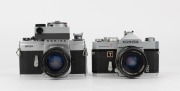 KONICA: Two SLR cameras - one 1968 Autoreflex T [#774793] with Hexanon 52mm f1.8 lens [#7451318], and one 1962 FP [#3744155] with Hexanon 52mm f1.4 lens [#4132705], front lens cap, and exposure meter attachment. (2 cameras) - 2
