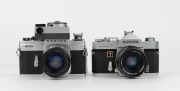 KONICA: Two SLR cameras - one 1968 Autoreflex T [#774793] with Hexanon&nbsp;52mm f1.8 lens [#7451318], and one 1962 FP [#3744155] with Hexanon&nbsp;52mm f1.4 lens [#4132705], front lens cap, and exposure meter attachment. (2 cameras) - 2