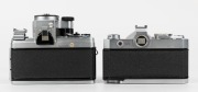KONICA: Two SLR cameras - one 1968 Autoreflex T [#774793] with Hexanon&nbsp;52mm f1.8 lens [#7451318], and one 1962 FP [#3744155] with Hexanon&nbsp;52mm f1.4 lens [#4132705], front lens cap, and exposure meter attachment. (2 cameras) - 3