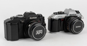 KONICA: Two black-body circa 1983 SLR cameras - one FT-1 Motor T [#248830] with Hexanon AR 50mm f1.8 lens [#7003928], and one FS-1 [#501991] with Hexanon AR 50mm f1.7 lens [#7637612], both with front lens caps. (2 cameras)