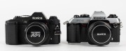 KONICA: Two black-body circa 1983 SLR cameras - one FT-1 Motor&nbsp;T [#248830] with Hexanon&nbsp;AR 50mm f1.8 lens [#7003928], and one FS-1 [#501991] with Hexanon&nbsp;AR 50mm f1.7 lens [#7637612], both with front lens caps. (2 cameras) - 2