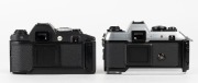 KONICA: Two black-body circa 1983 SLR cameras - one FT-1 Motor&nbsp;T [#248830] with Hexanon&nbsp;AR 50mm f1.8 lens [#7003928], and one FS-1 [#501991] with Hexanon&nbsp;AR 50mm f1.7 lens [#7637612], both with front lens caps. (2 cameras) - 3