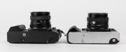 KONICA: Two black-body circa 1983 SLR cameras - one FT-1 Motor&nbsp;T [#248830] with Hexanon&nbsp;AR 50mm f1.8 lens [#7003928], and one FS-1 [#501991] with Hexanon&nbsp;AR 50mm f1.7 lens [#7637612], both with front lens caps. (2 cameras) - 5