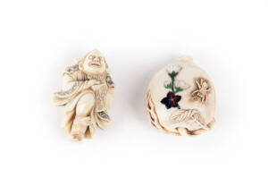 NETSUKE: Japanese carved ivory figure of a dancing drummer; plus a shibayama peach with spider. Meiji period. 5cm & 4.5cm